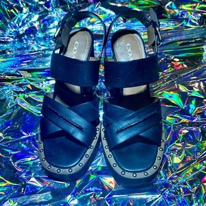 Coach Callie Black Leather Platform Sandals with Gold Studs, size 7.5